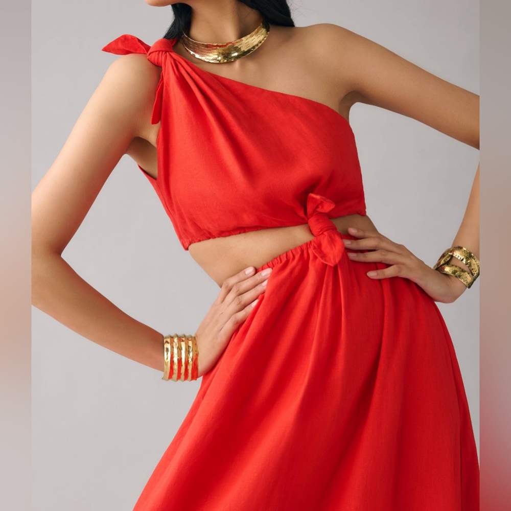 Farm Rio One Shoulder Cutout Linen Blend Dress